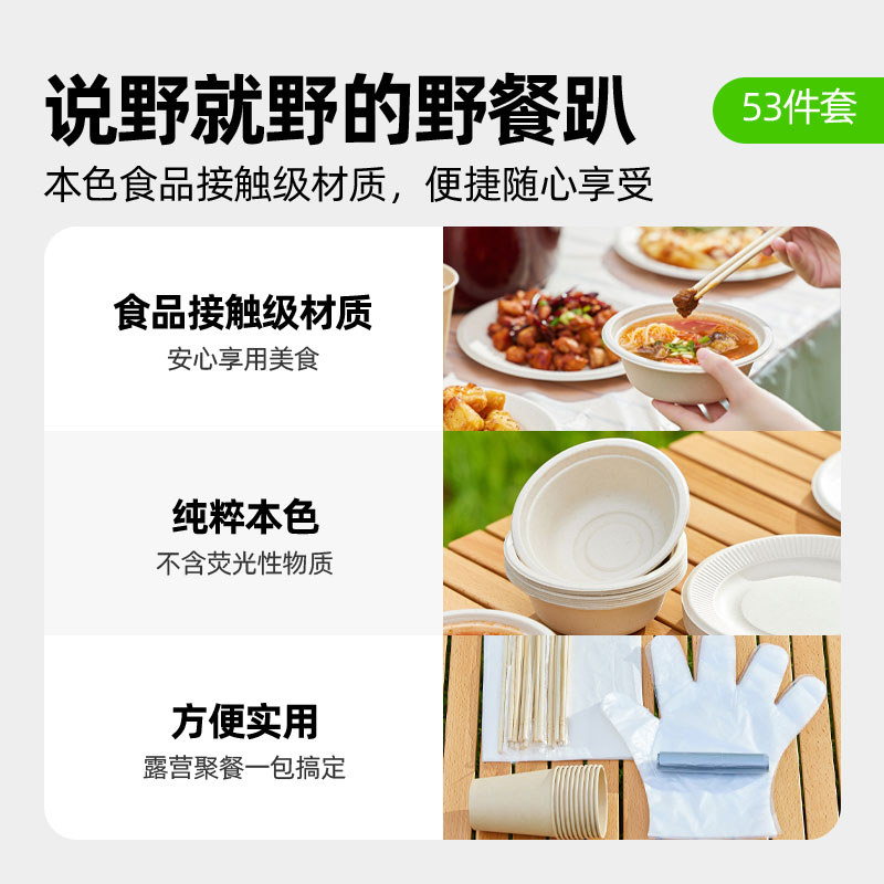 【喵满分】一次性餐具套装便携纸盘碗火锅聚餐10人53件套桌布野餐 - 图0