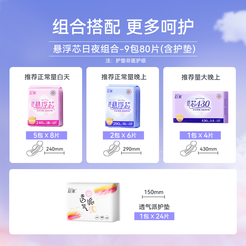 【消毒级】舒莱卫生巾99%抑菌透气悬浮芯9包80片加宽防侧漏姨妈巾