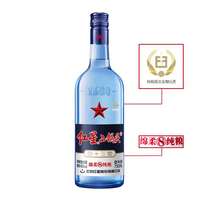 北京红星二锅头蓝瓶绵柔8纯粮43度750ml*6瓶清香型整箱装高度白酒-图1