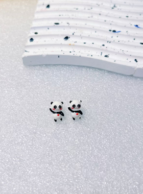 可爱小国宝熊猫耳钉女925银针panda耳饰无耳洞耳夹蚊香夹趣味搞怪