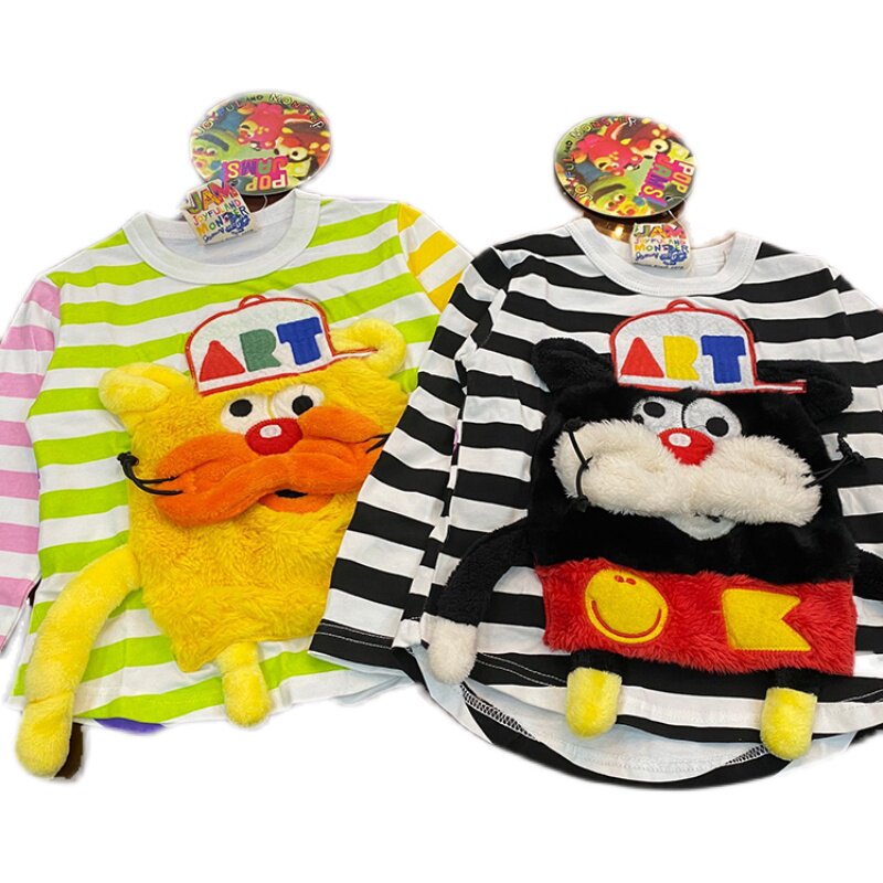 MIJELLO/2025春秋款 儿童果酱熊猫立体毛绒公仔卡通条纹长袖t恤,淘宝优惠券,粉丝福利购,淘宝优惠卷