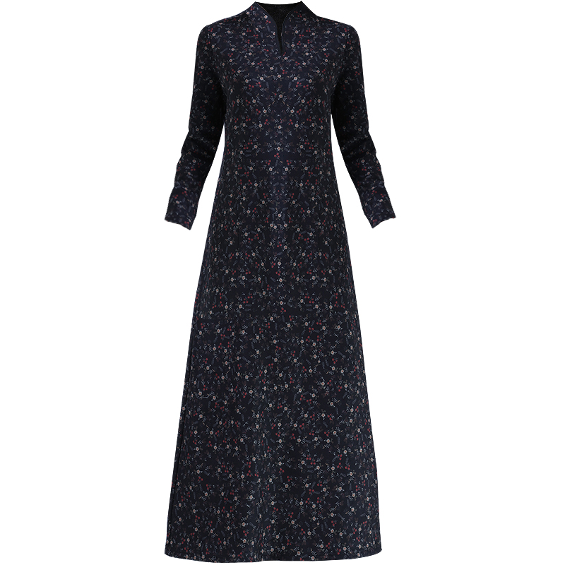 黑色阔太太气质碎花中年妈妈改良旗袍新款秋冬打底加绒加厚连衣裙 - 图3