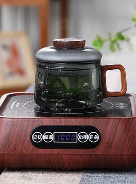 泡茶杯高硼硅玻璃三件杯 烟灰色墩墩茶水杯带过滤木把泡茶玻璃杯