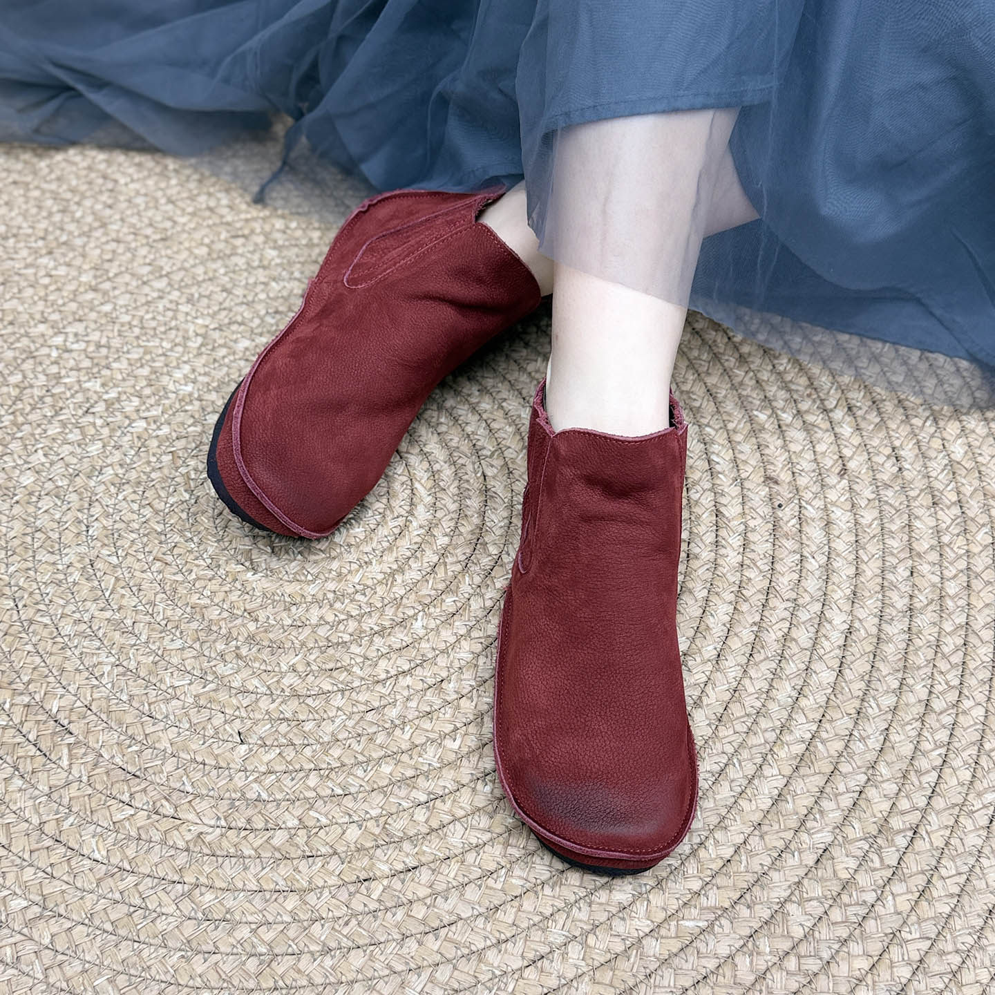 艺鞜2026年春秋新款森系文艺真皮平底弹力布懒人一脚蹬切尔西短靴,淘宝优惠券,粉丝福利购,淘宝优惠卷