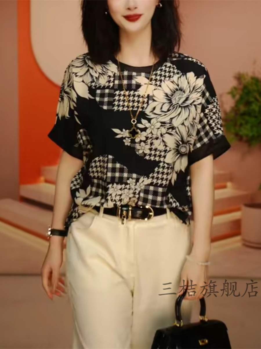 2024年夏季衬衫衬衣短袖圆领大码女装胖mm印花减龄T恤图案上衣 - 图0