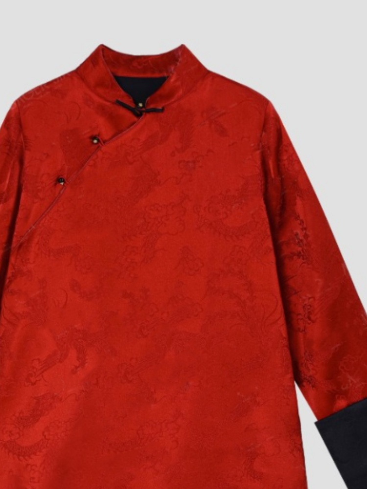 新中式国风立领盘扣设计中长款衬衫今年流行黑红配色高级感上衣女 - 图1