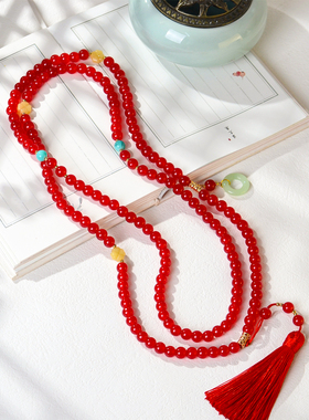 红色仿珍珠制作汉服璎珞项链