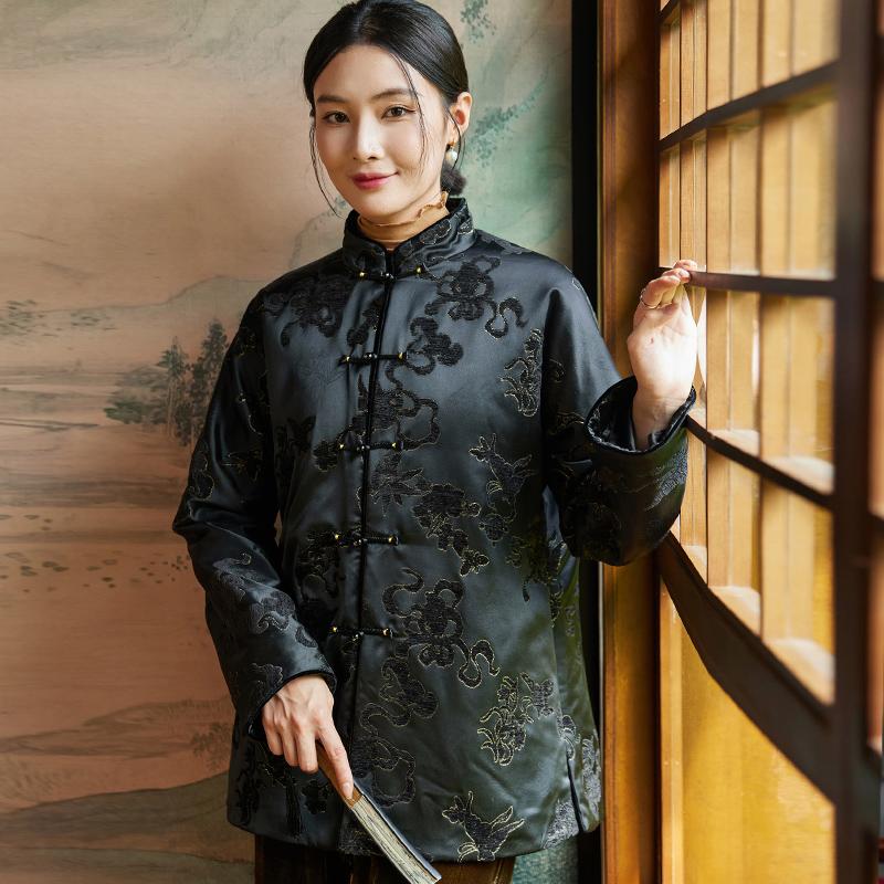 菲伊唐仿织金漳绒冬棉衣女上衣中式文艺复古改良唐装夹棉服外套女 - 图2