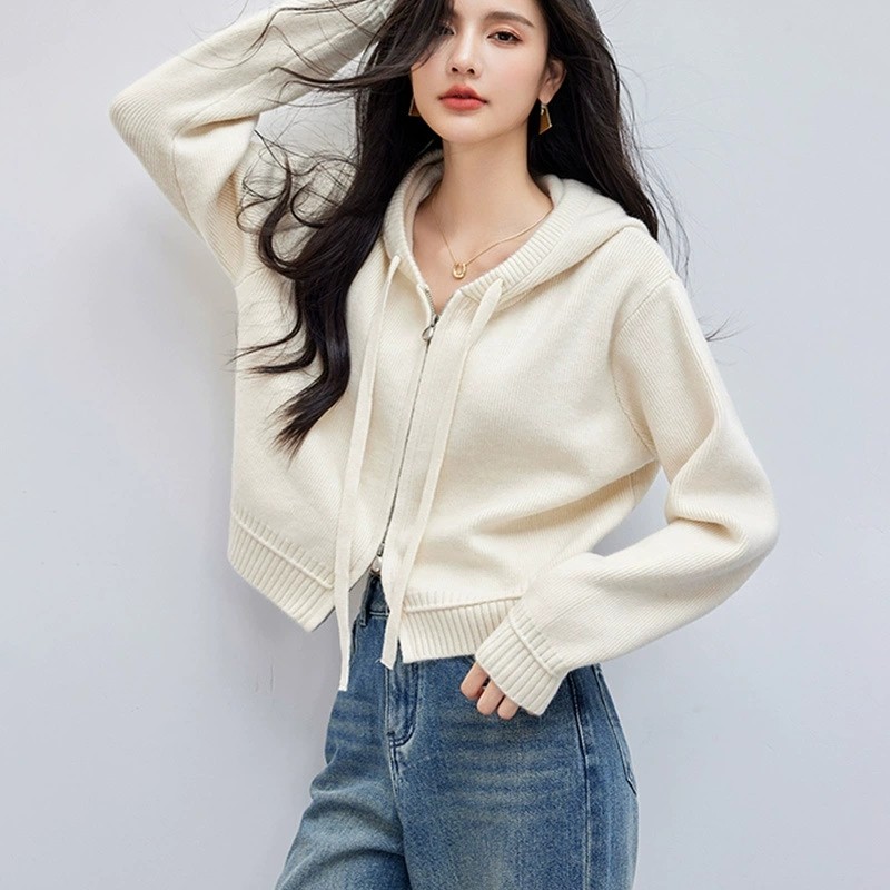 双拉链连帽羊毛衣外套女春秋冬2026年新款慵懒软糯针织开衫短上衣,淘宝优惠券,粉丝福利购,淘宝优惠卷