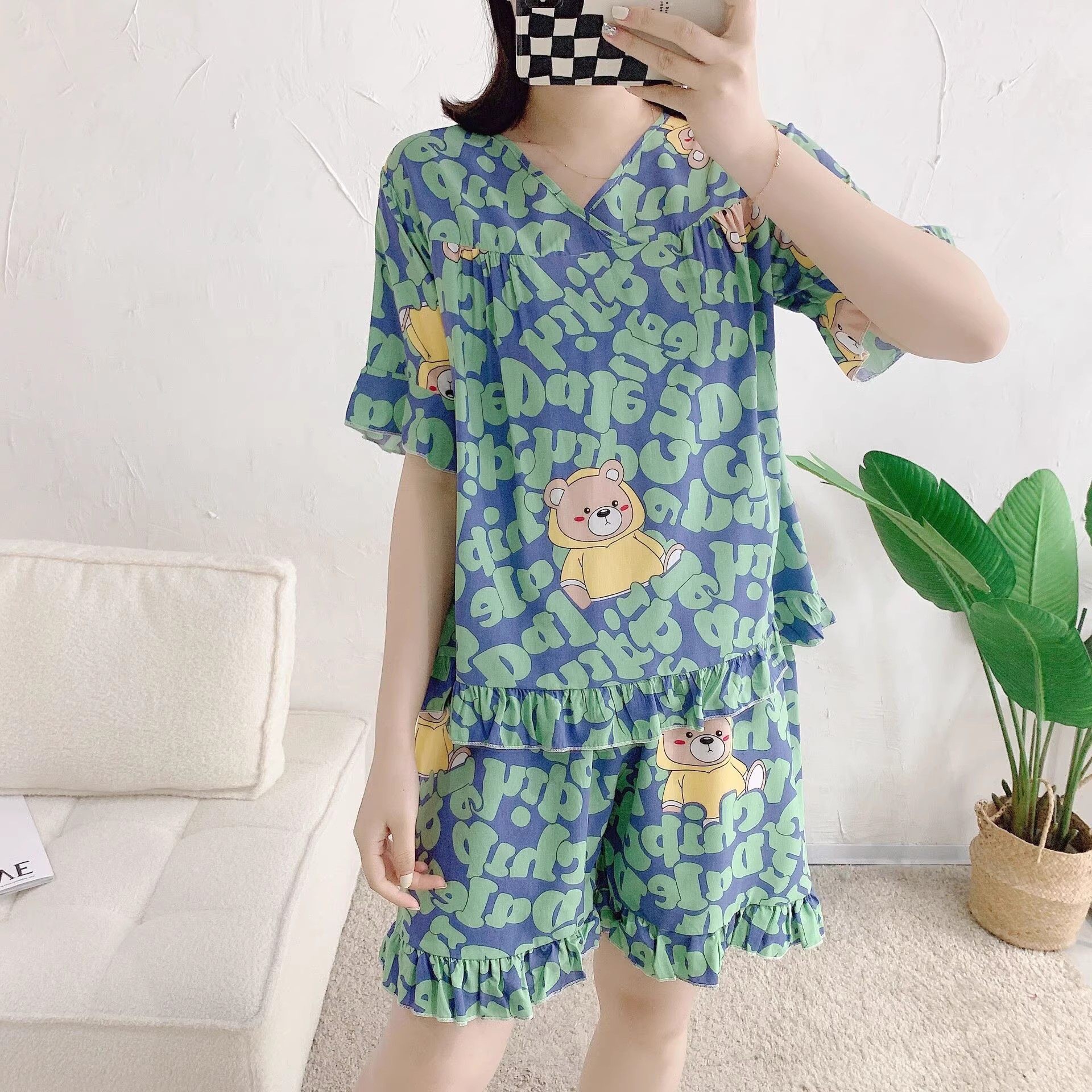 宽松棉绸睡衣女士2025年夏季薄款大码短袖短裤人造棉家居服两件套,淘宝优惠券,粉丝福利购,淘宝优惠卷