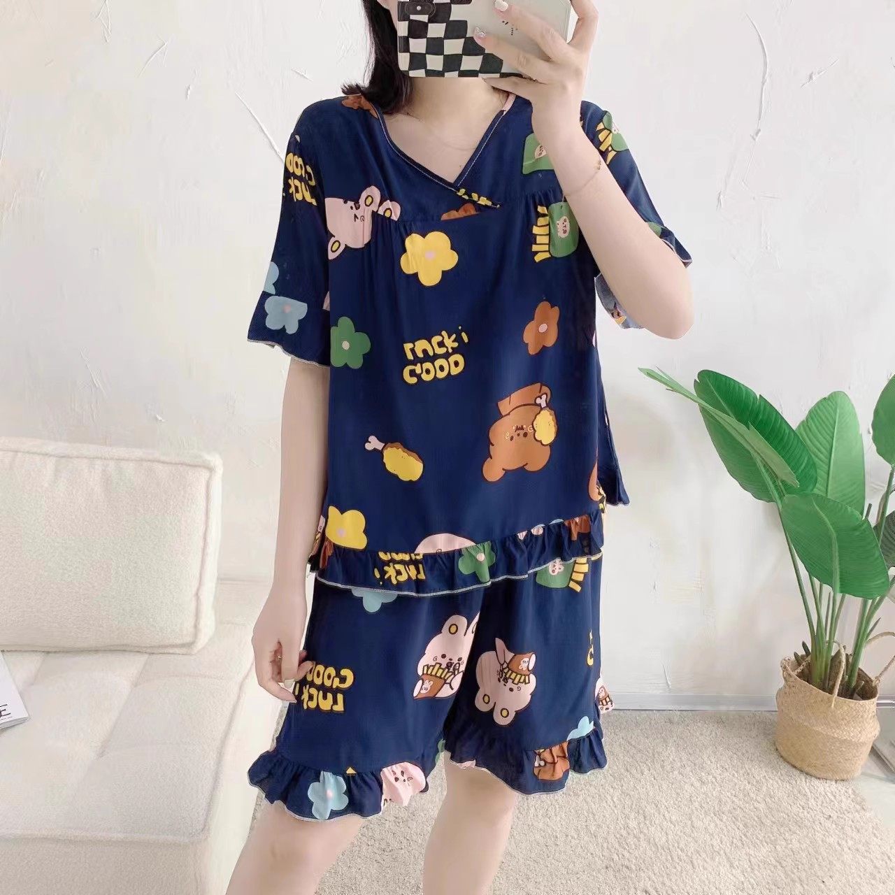 宽松棉绸睡衣女士2025年夏季薄款大码短袖短裤人造棉家居服两件套,淘宝优惠券,粉丝福利购,淘宝优惠卷