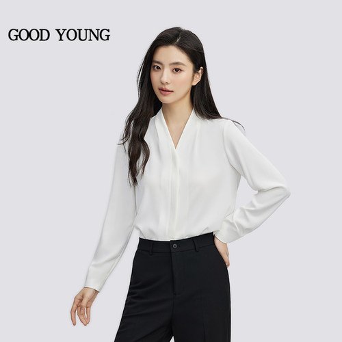 GOODYOUNG白色雪纺开衫V领衬衫抗皱高级感面试衬衣长袖职业通勤女 - 图2