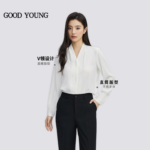 GOODYOUNG白色雪纺开衫V领衬衫抗皱高级感面试衬衣长袖职业通勤女 - 图1