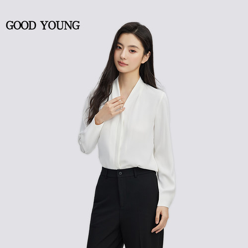 GOODYOUNG白色雪纺开衫V领衬衫抗皱高级感面试衬衣长袖职业通勤女 - 图3