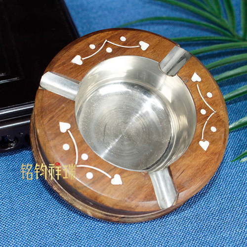 实木圆形烟灰缸复古做旧民族风图案桌面家用摆放客厅茶几摆放 - 图0