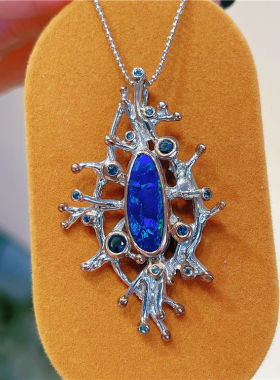 ninisn意大利设计款925银澳大利亚欧泊吊坠锁骨链 深海蓝色可传承