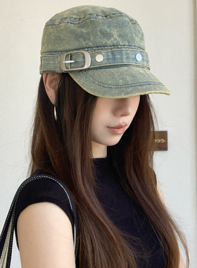 牛仔平顶金属扣显脸小马术帽女