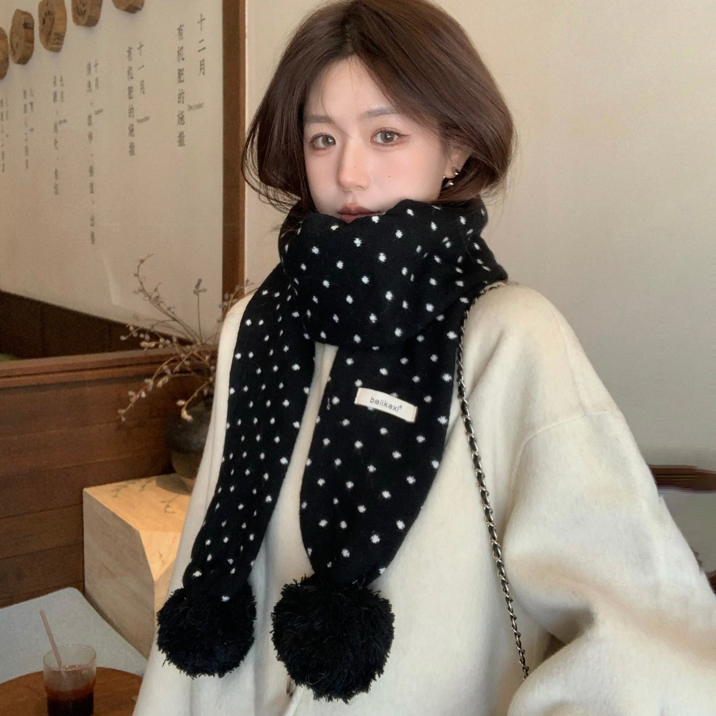 日系甜美软糯双层挂球围巾女秋冬保暖氛围感波点百搭围脖蓬松柔软,淘宝优惠券,粉丝福利购,淘宝优惠卷