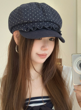 英伦复古波点花边八角贝雷帽女