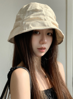 日系亚麻遮阳渔夫帽女夏季薄款