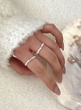 【MINIQ】s925纯银天然淡水珍珠戒指小米珠巴洛克弹力环网红叠带