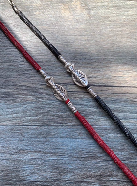 【魚】原创设计泰国蜡线清迈纯银手工编金刚结手绳 情侣手链脚链