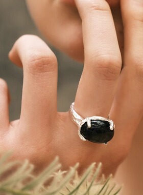 【森制SHINSEI官方】手工雕纹天然金沙黑曜石戒指 原创设计纯银饰