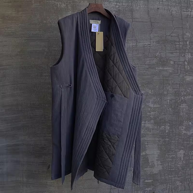 改良中式夹棉马甲男装冬外穿文艺复古盘扣国风棉服大码民族风棉衣 - 图1