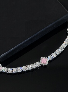 四叶草粉色镶钻锆石网球链手链