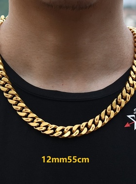 钛钢古巴链金色中国说唱项链