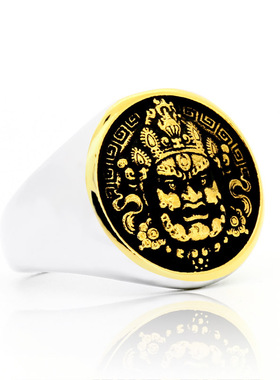 钛钢国潮黄财神龙钟馗圆印章戒指