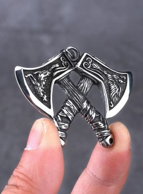 男个性钛钢复古维京奥丁双斧项链