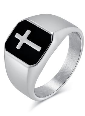 北欧极简男钛钢方印章十字架戒指