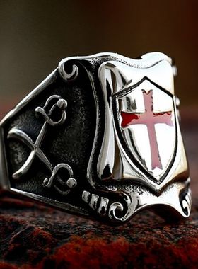潮男钛钢圣殿骑士十字架盾牌戒指