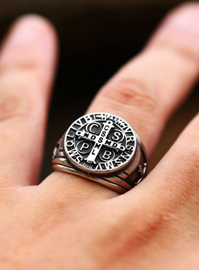 男钛钢不掉色复古十字架印章戒指