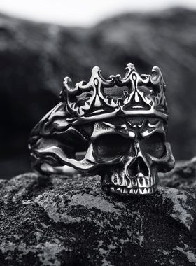 嘻哈男复古钛钢皇冠骷髅国王戒指