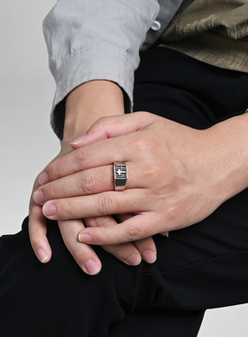 素色简约钛钢十字架方形印章戒指