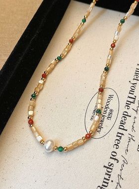 钛钢天然石贝壳淡水珍珠项链女气质轻奢时尚颈链孔雀玛瑙锁骨链