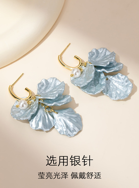 花瓣蓝色耳饰女耳钉耳饰