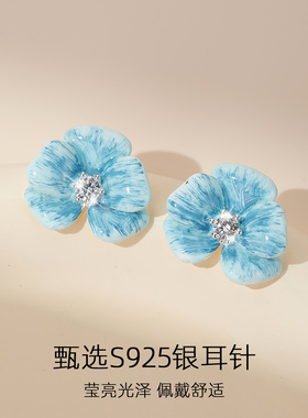 蓝花耳钉纯银耳饰女耳环