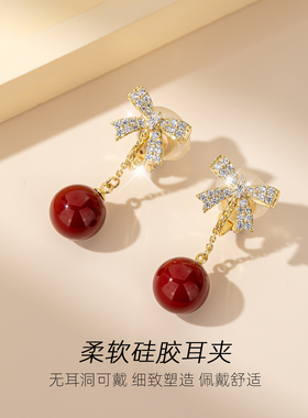红色蝴蝶结耳环耳夹无耳洞女耳饰