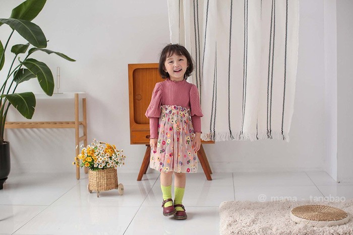 现货韩国南大门进口代正品童装儿童女宝百搭修身泡泡袖公主连衣裙