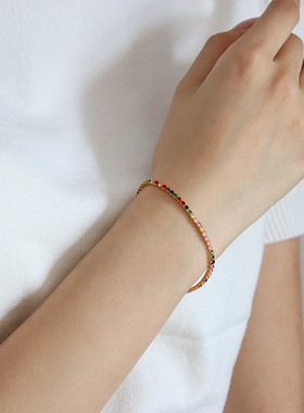 新款时尚多巴胺彩色锆石抽拉手链小众高级感复古轻奢气质百搭手