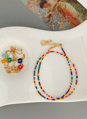 原创度假风彩色锆石串珠多巴胺项链女时尚休闲百搭叠戴颈链锁骨