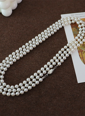 新款6mm仿施家珍珠毛衣链女高级感长款时尚轻奢气质复古叠戴项链