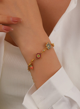 原创新中式多巴胺轻奢四叶草蝴蝶滴油手链高级感精致气质复古