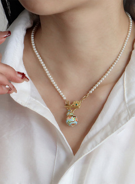 原创复古彩色滴油珐琅葫芦施家珍珠项链简约高级感时尚精致锁骨