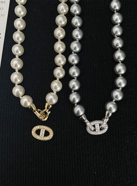 新款施家正圆银灰色珍珠毛衣链女高级感长款时尚百搭轻奢气质