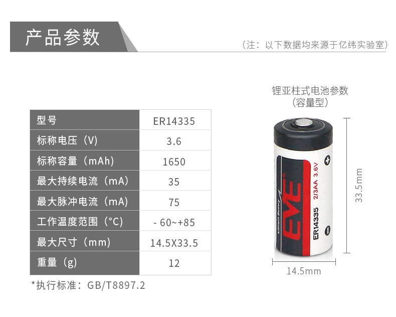 EVE亿纬锂能ER14335锂亚电池3.6V锂原电池锂电池1650mAh智能水表电表工控设备 - 图0