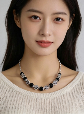 久美俪红玛瑙玫瑰圆珠项链